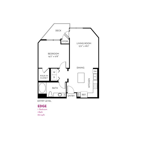 Floor plan for 1 bed, 1 bath, 819 sqft